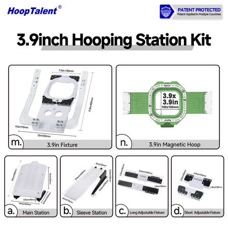 3.9-inch hooping station kit contents with green magnetic hoop, main board, sleeve board and adjustable fixtures
