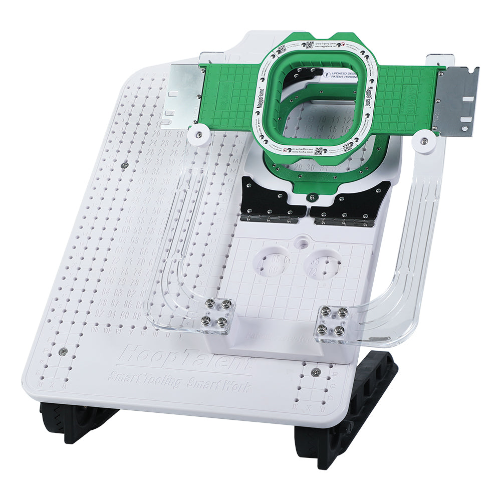 Green 3.9-inch magnetic embroidery hoop mounted on a hooping station with the 0404 fixture