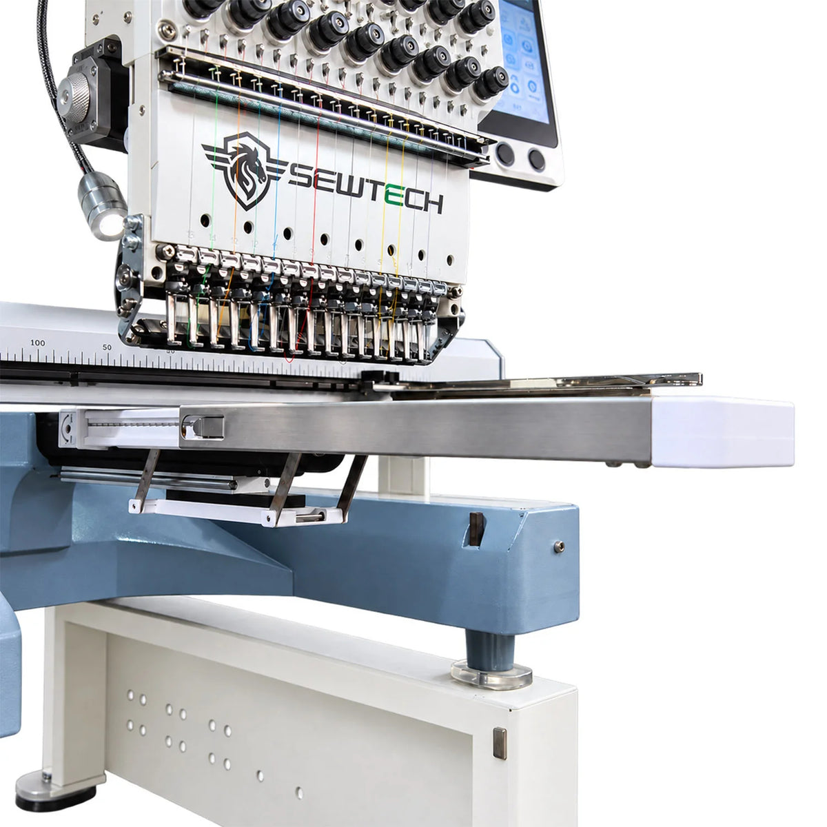 Side view of a Hoopsteady support platform fitted to a Sew Tech embroidery machine.