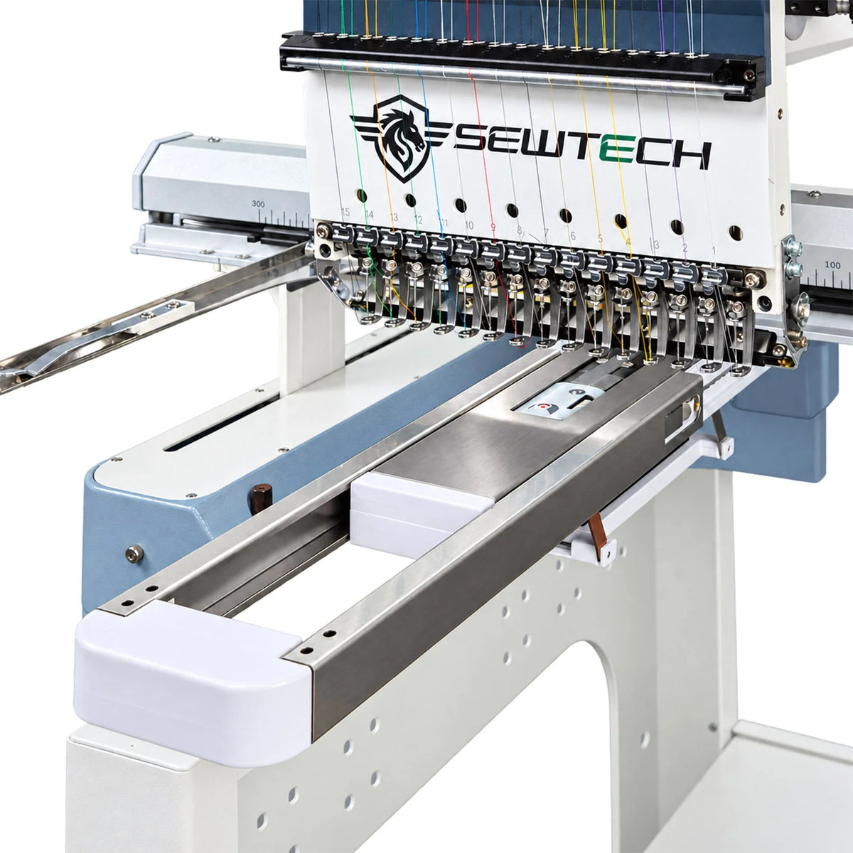 Angled view of a Hoopsteady support platform beneath a Sew Tech embroidery machine head.