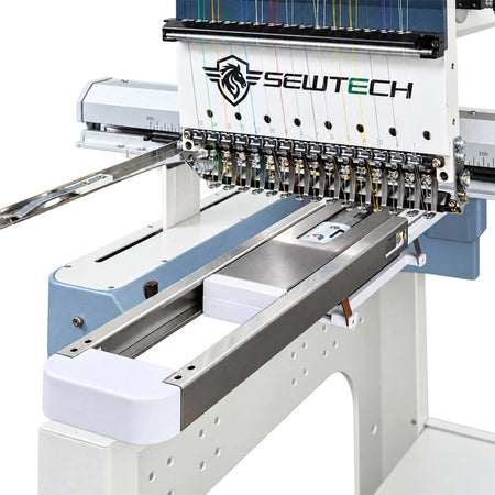 Angled view of a Hoopsteady support platform beneath a Sew Tech embroidery machine head.