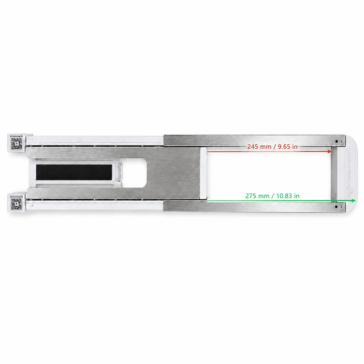 Hoopsteady support platform with measurements showing its adjustable opening.