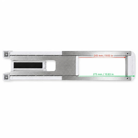 Hoopsteady support platform with measurements showing its adjustable opening.