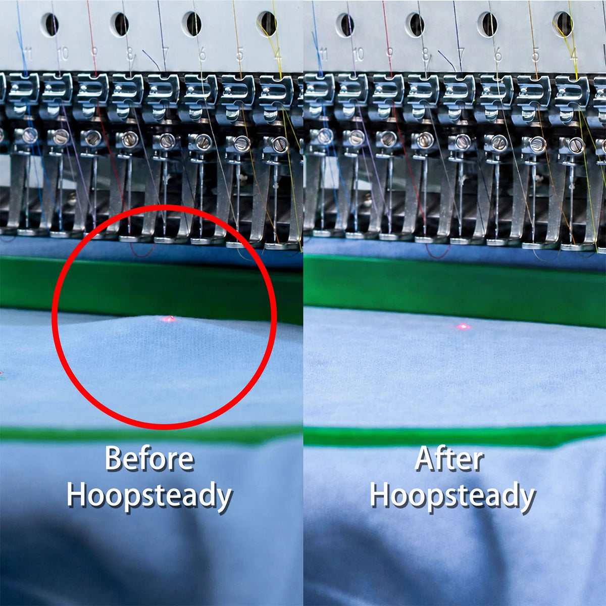 Green embroidery hoop and fabric shown before and after adding Hoopsteady support.