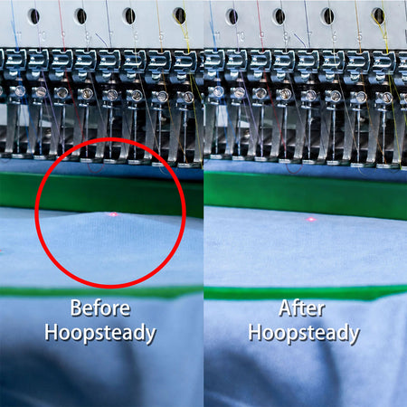 Green embroidery hoop and fabric shown before and after adding Hoopsteady support.