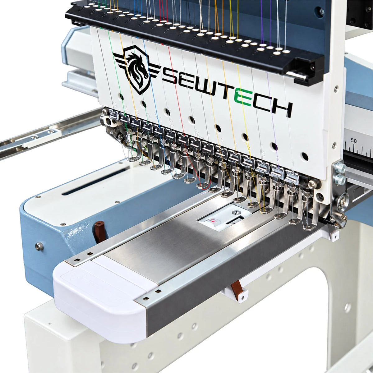 Front angled view of the Hoopsteady platform mounted on a Sew Tech embroidery machine.