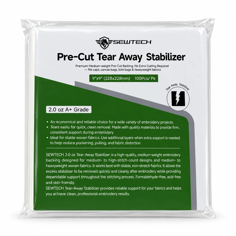 100 Sheets Pre-cut 2.0 Oz Tear Away Stabilizer 9" x 9" (228 x 228mm) Embroidery Backing for 5"x7" & 5.1"x5.1" Embroidery Hoops