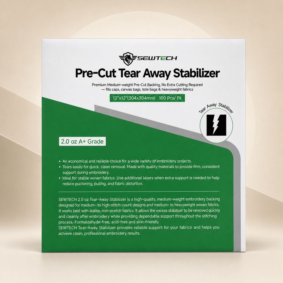 Pre-cut 2.0 Oz Tear Away Embroidery Stabilizer 12"x12" - 100 Sheets for Machine Embroidery, Medium Weight 2.0 oz, for 5x7 and 10x10 Hoops